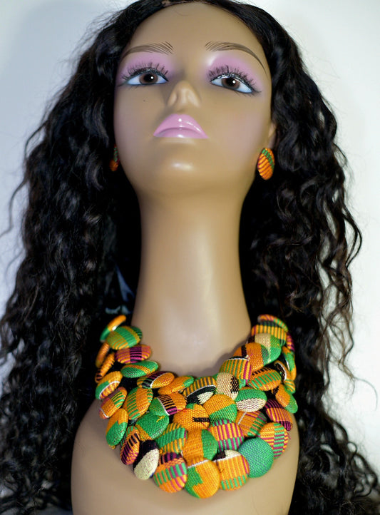 Kente Ankara handmade button bibs necklace and button earrings